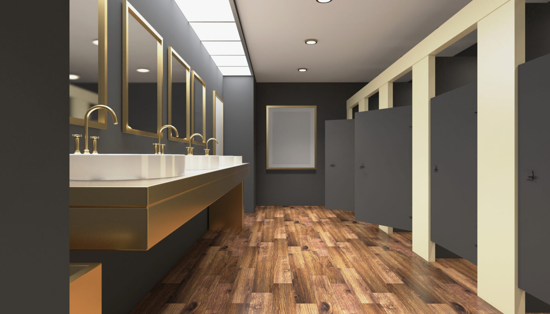A bathroom with wood floors and mirrors