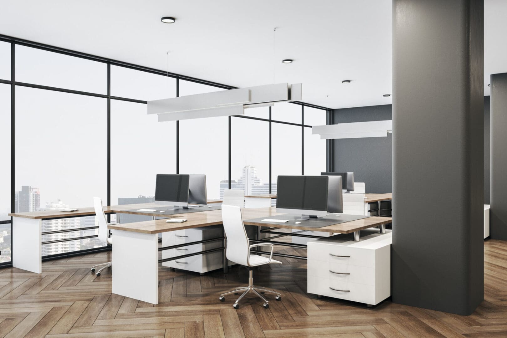 A large office with two desks and a chair.