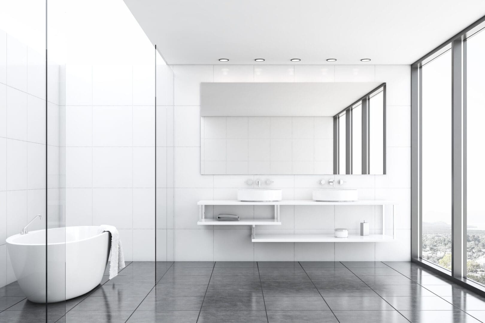 A bathroom with white walls and tiled floors.