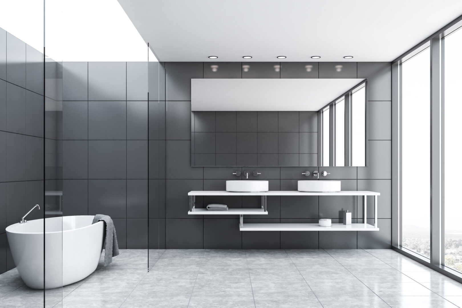 Interior,Of,Comfortable,Bathroom,With,Grey,Tile,And,Glass,Walls,