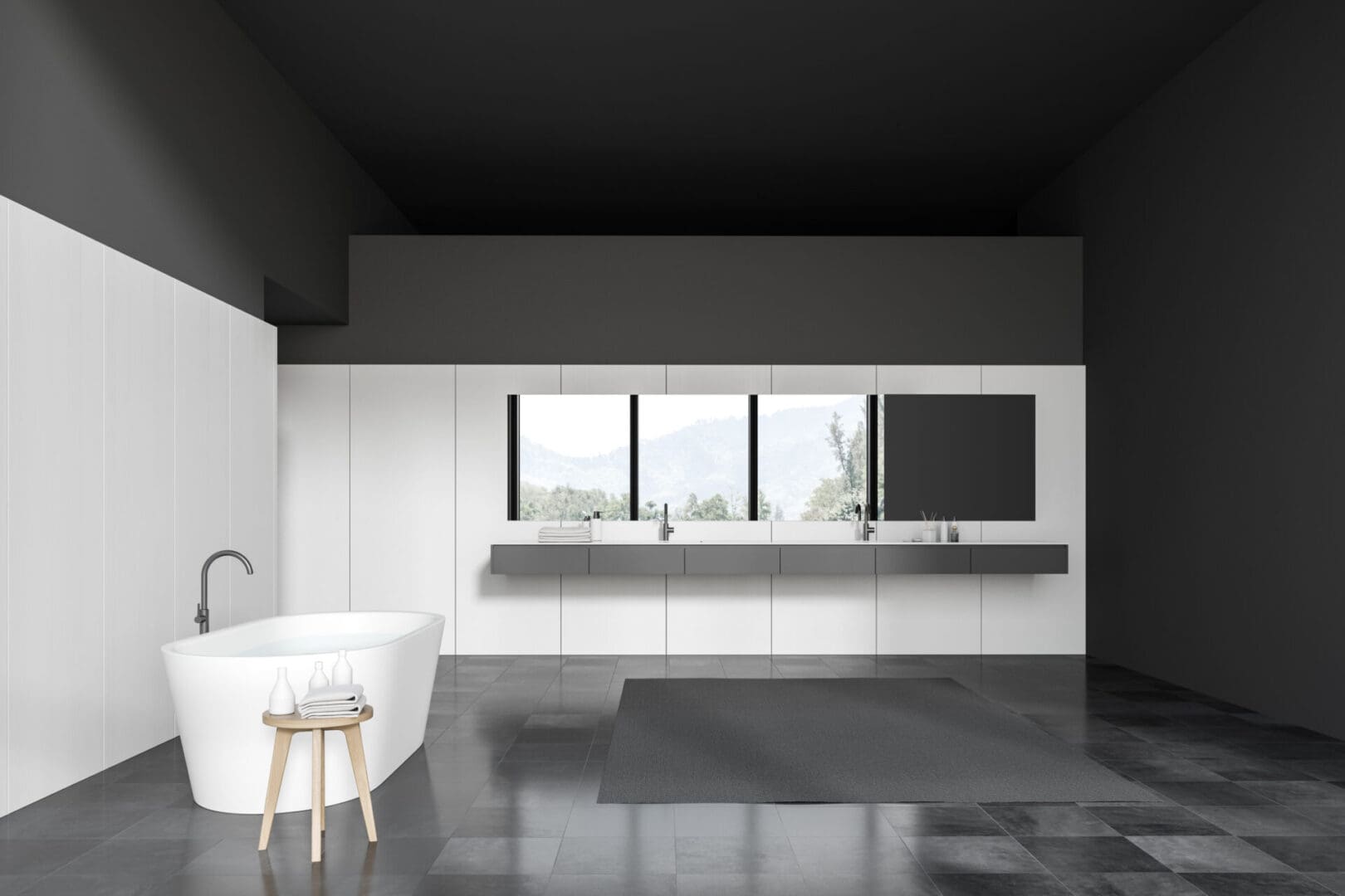 A bathroom with a tub, sink and television.