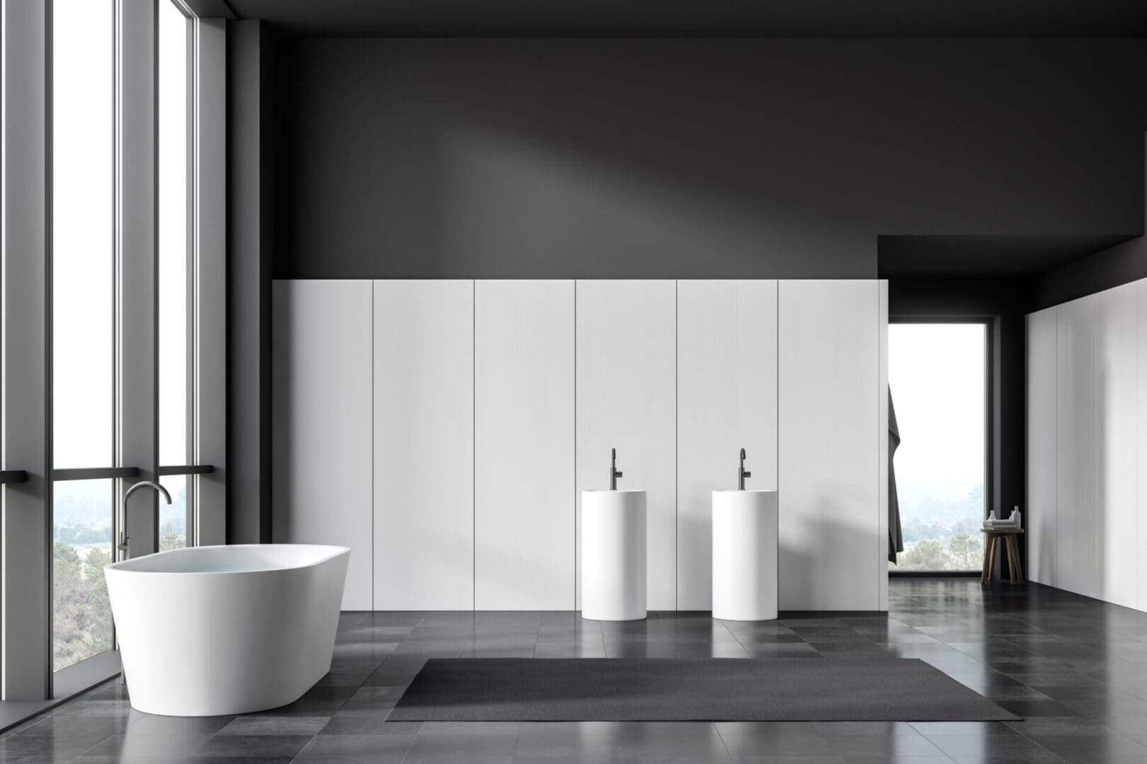 A bathroom with two white sinks and a tub.