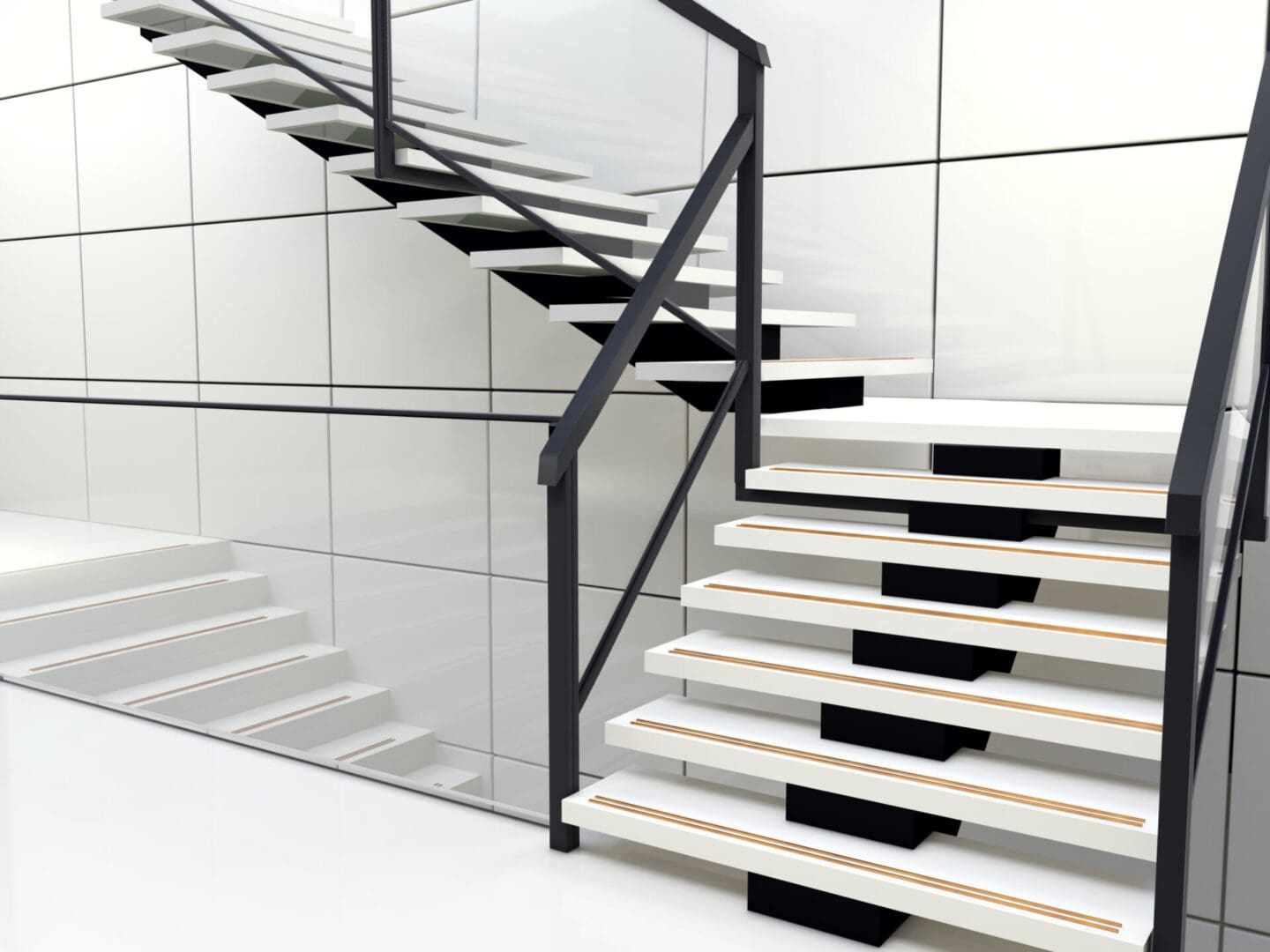 A white staircase with black steps and glass railings.