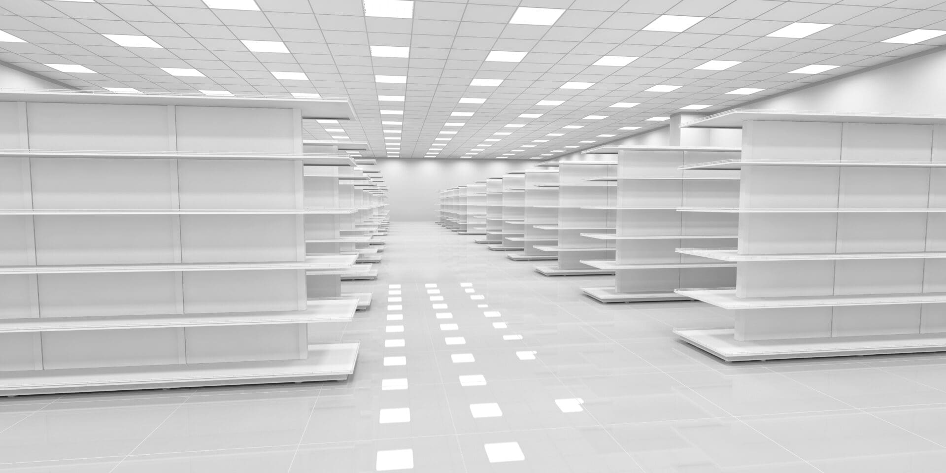 A large white room with many shelves in it