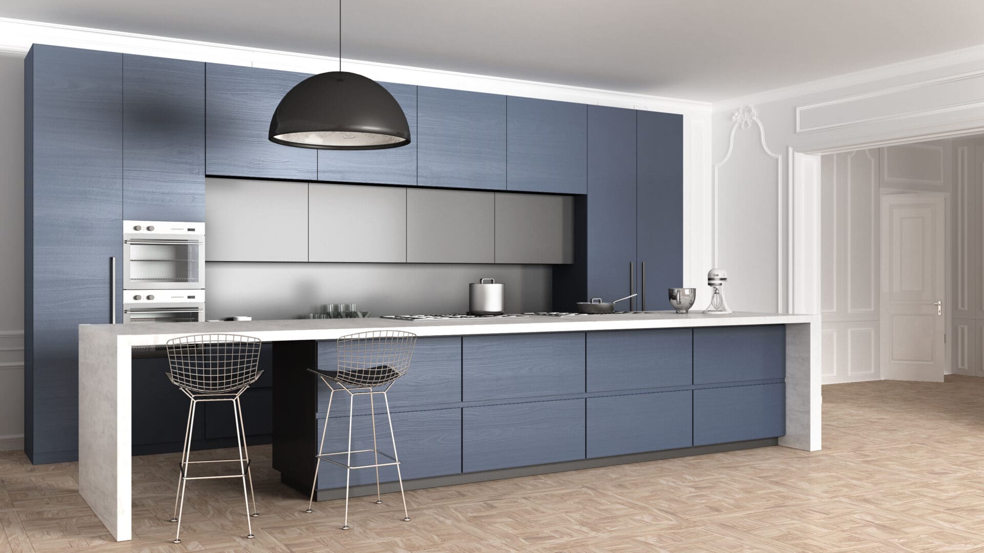 A kitchen with blue cabinets and white counter tops.