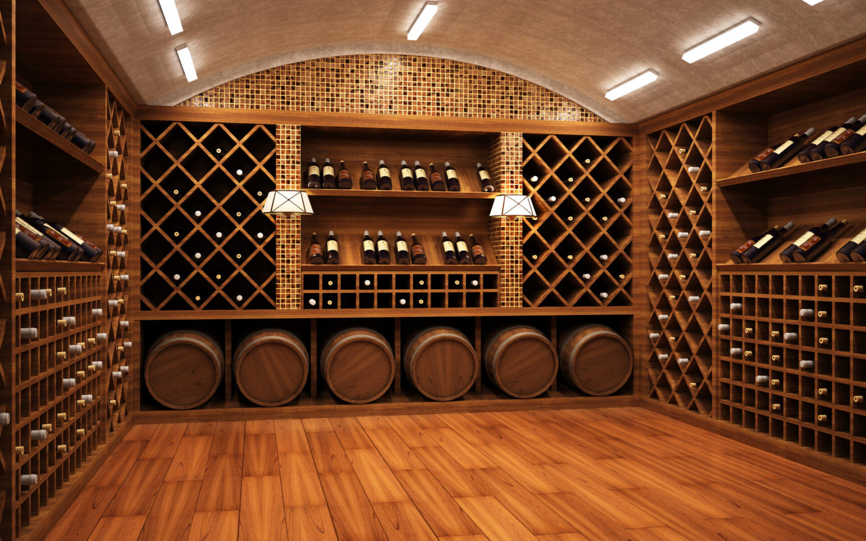 A room with many wine racks and barrels.