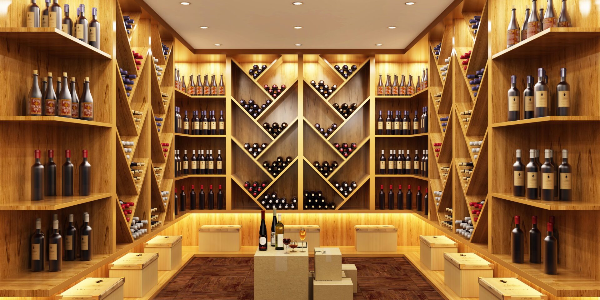 A room with many shelves of wine bottles.