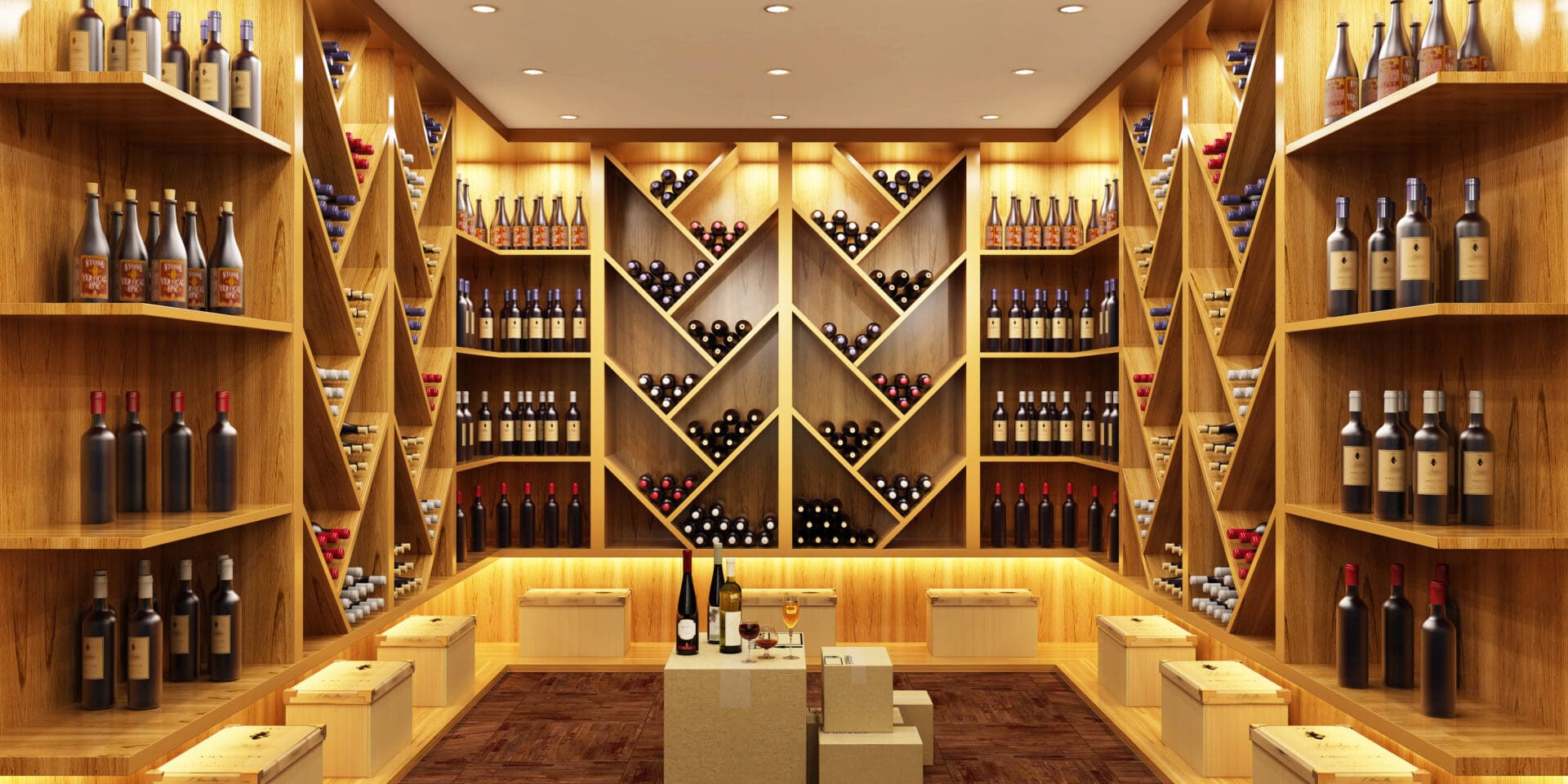 A room with many shelves of wine bottles.