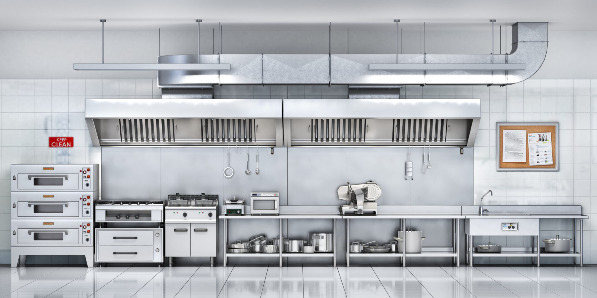 A kitchen with many stainless steel appliances and shelves.