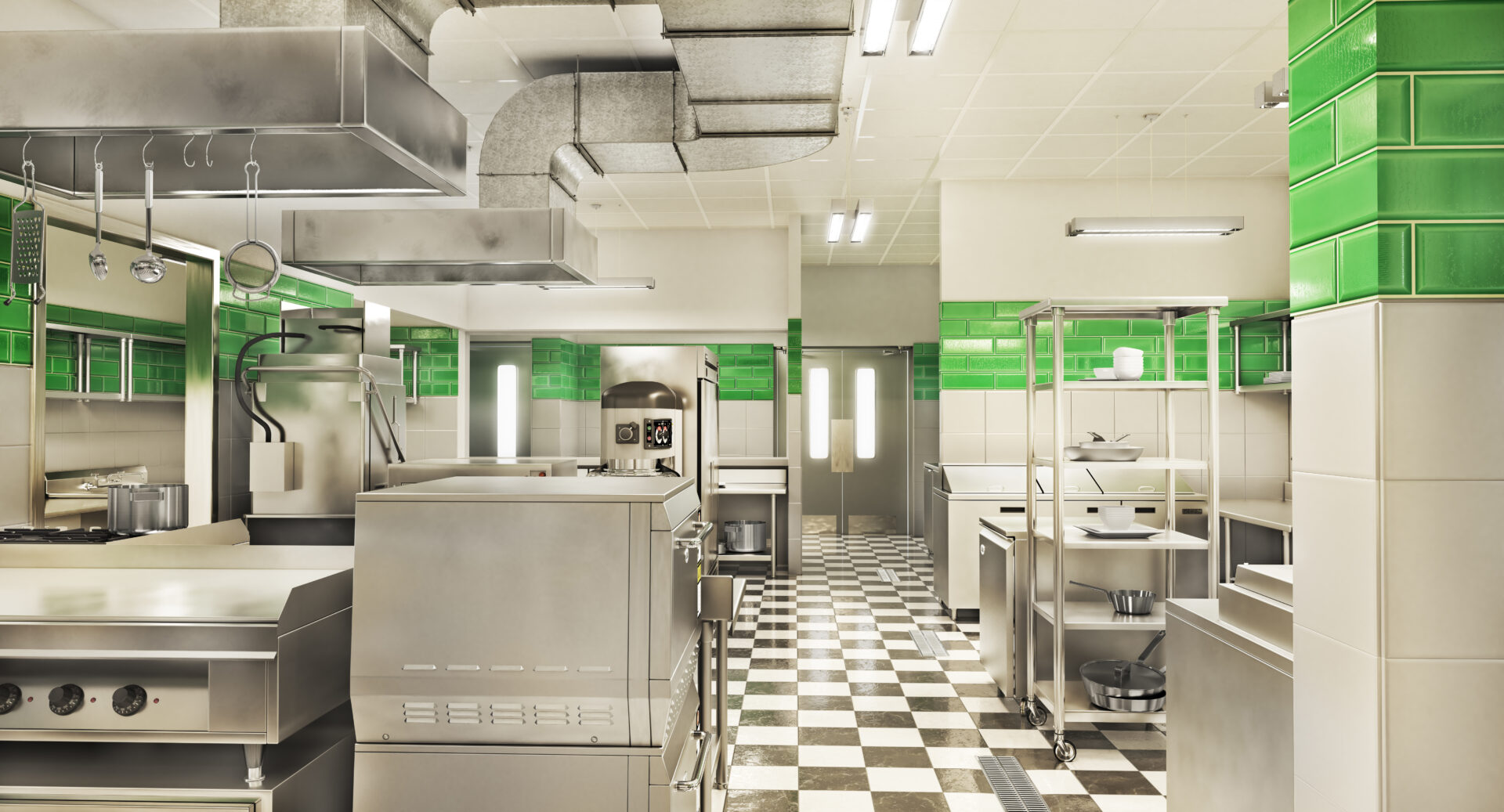 A kitchen with many different appliances and green lights.