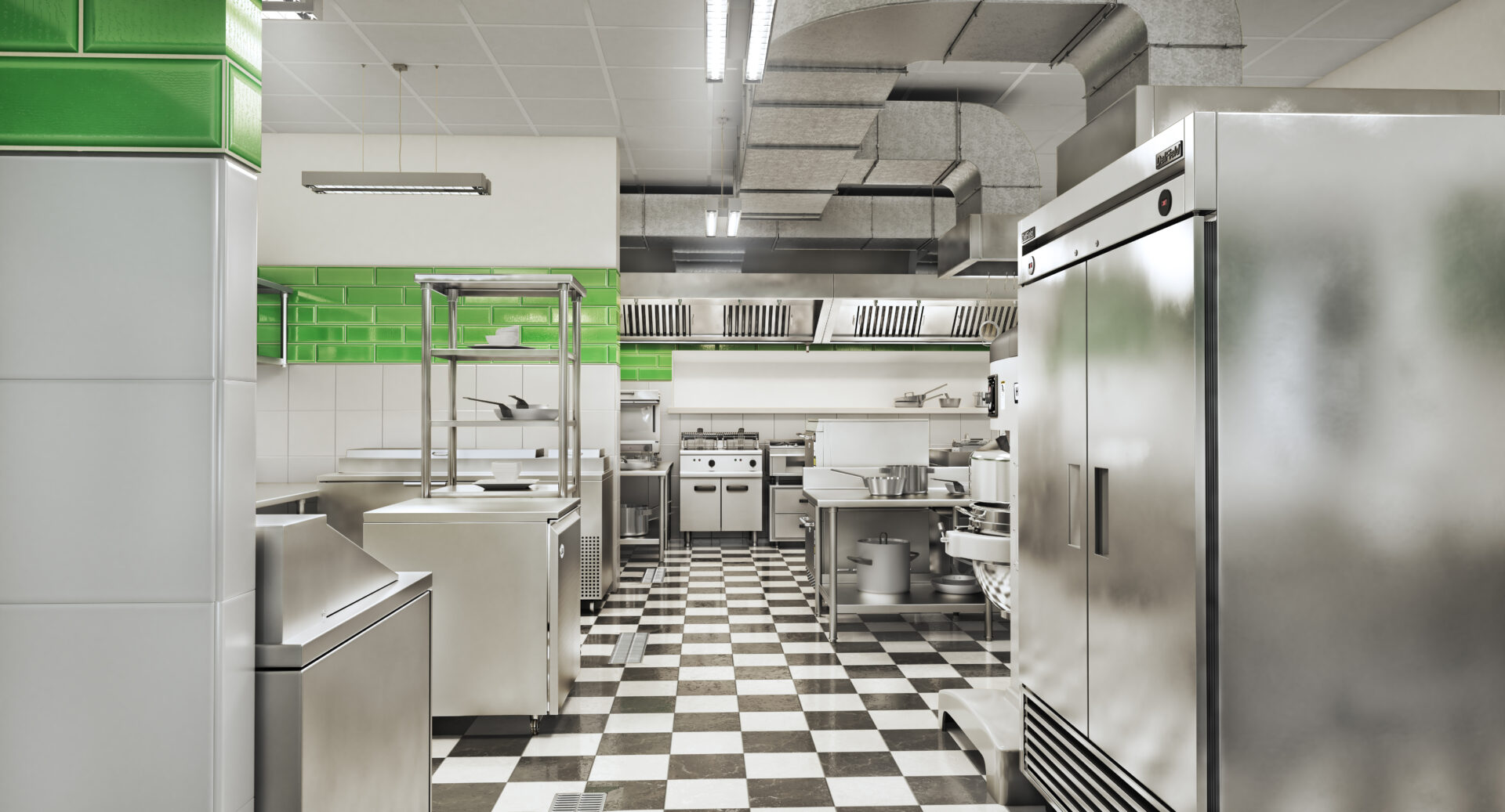 A kitchen with black and white checkered floor
