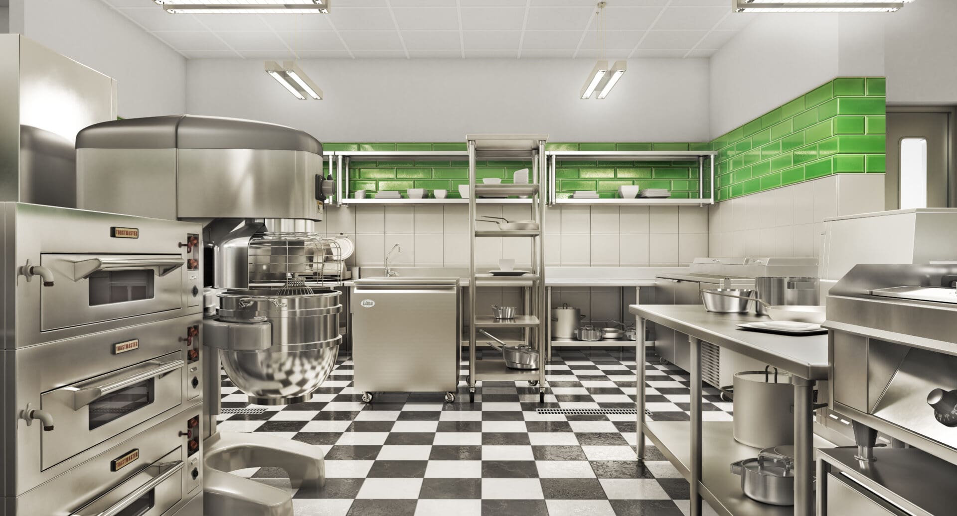 A kitchen with black and white checkered floor