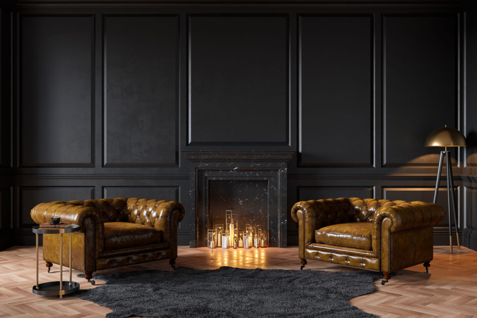 A fireplace in the middle of two leather chairs.