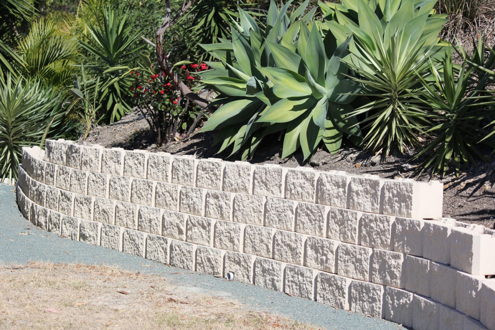 A stone wall with plants in the background.