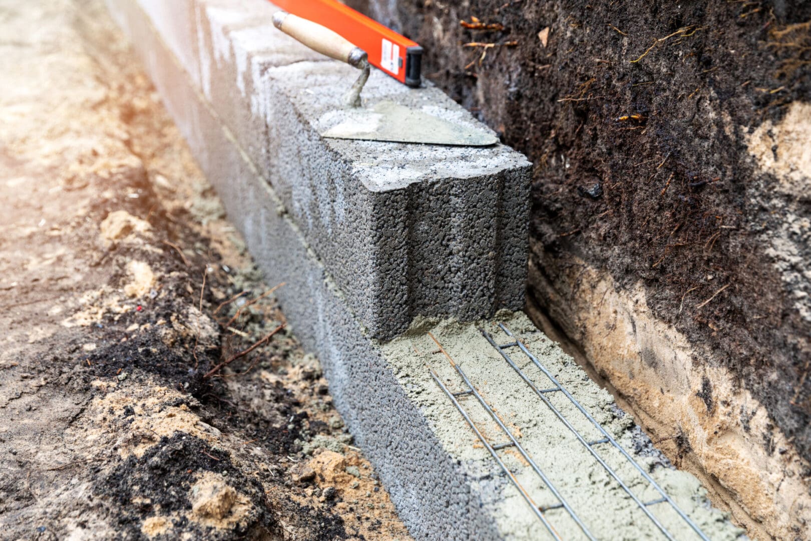 A brick wall with a knife and some bricks