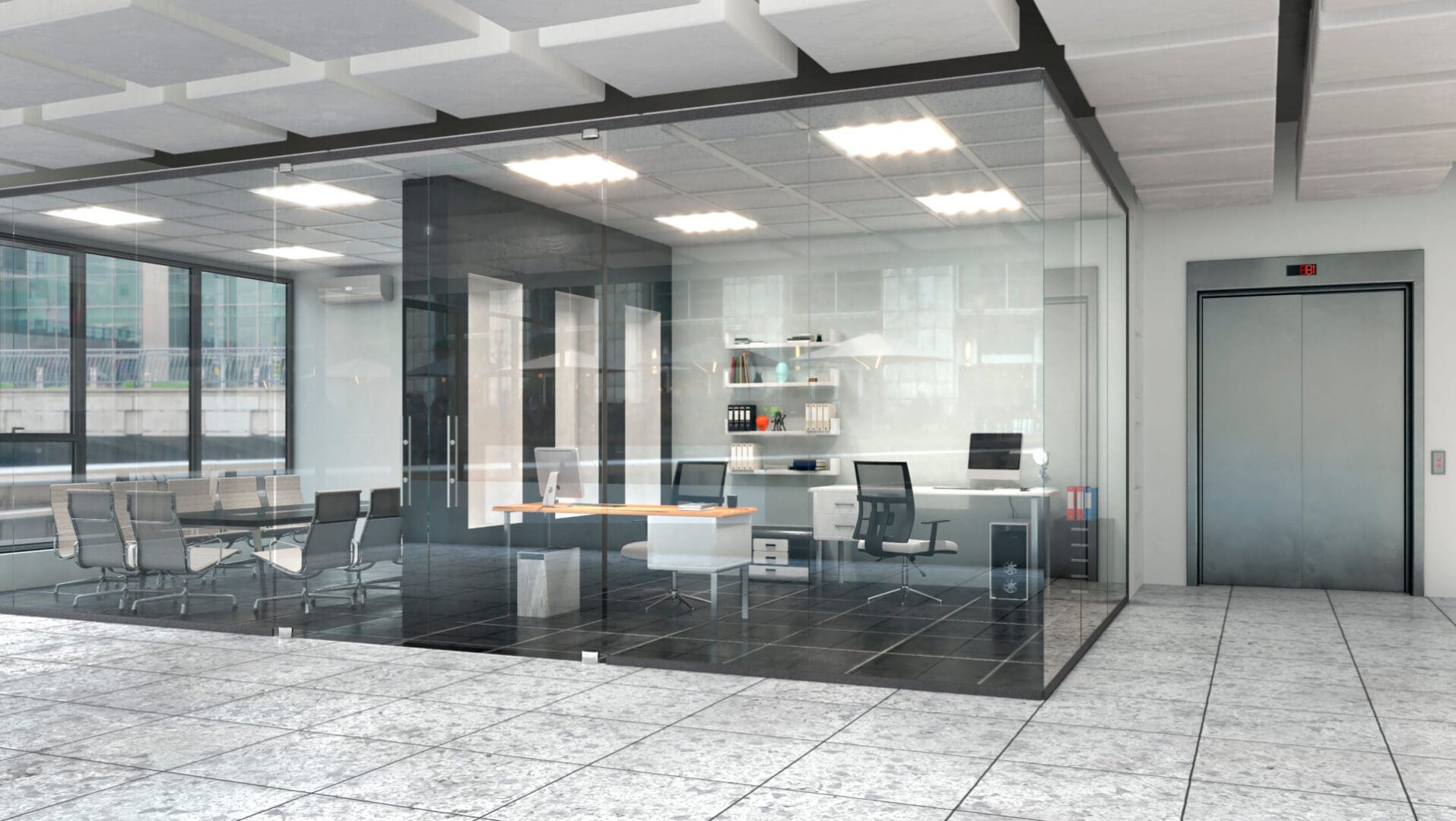 A glass walled conference room with black chairs.