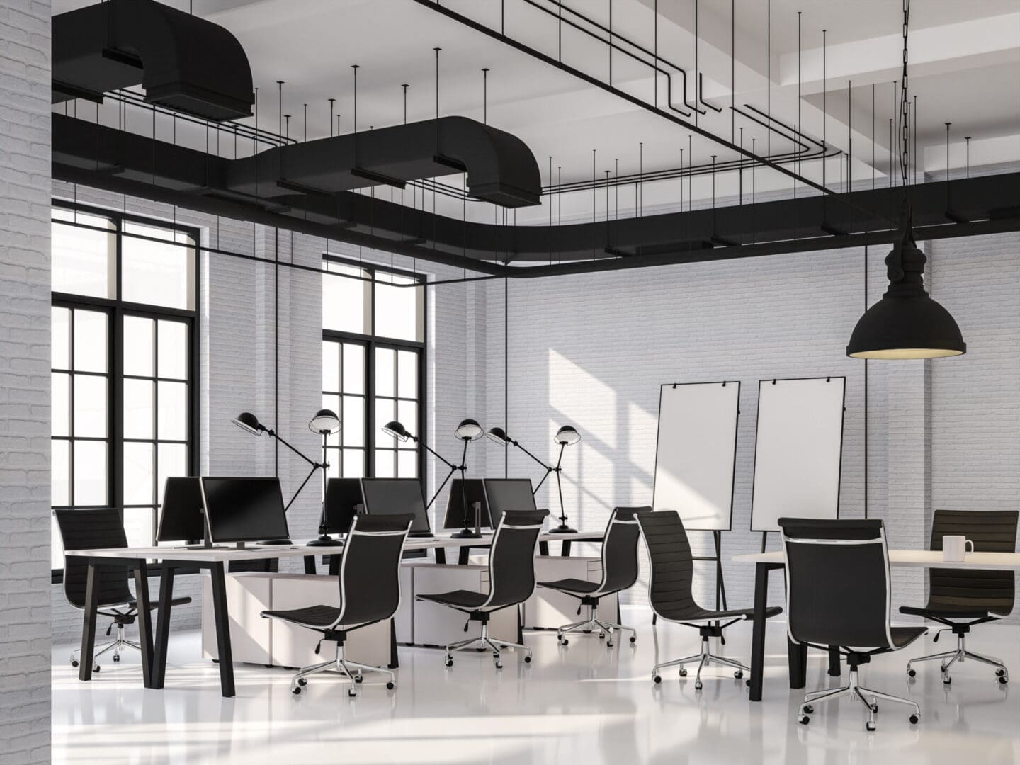 Modern,Loft,Style,Office,With,Black,Ans,White,3d,Render.there
