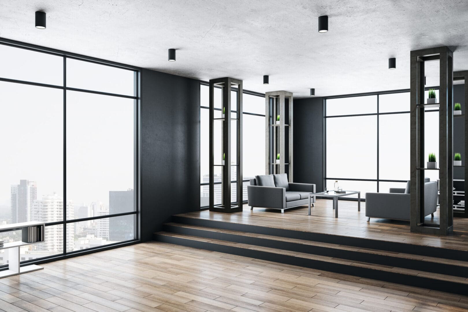 A living room with wooden floors and black walls.