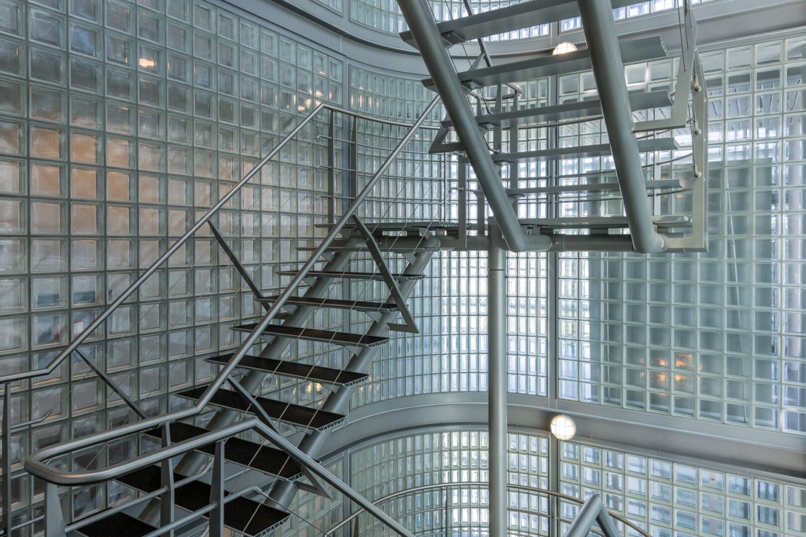 A view of some stairs in an office building.