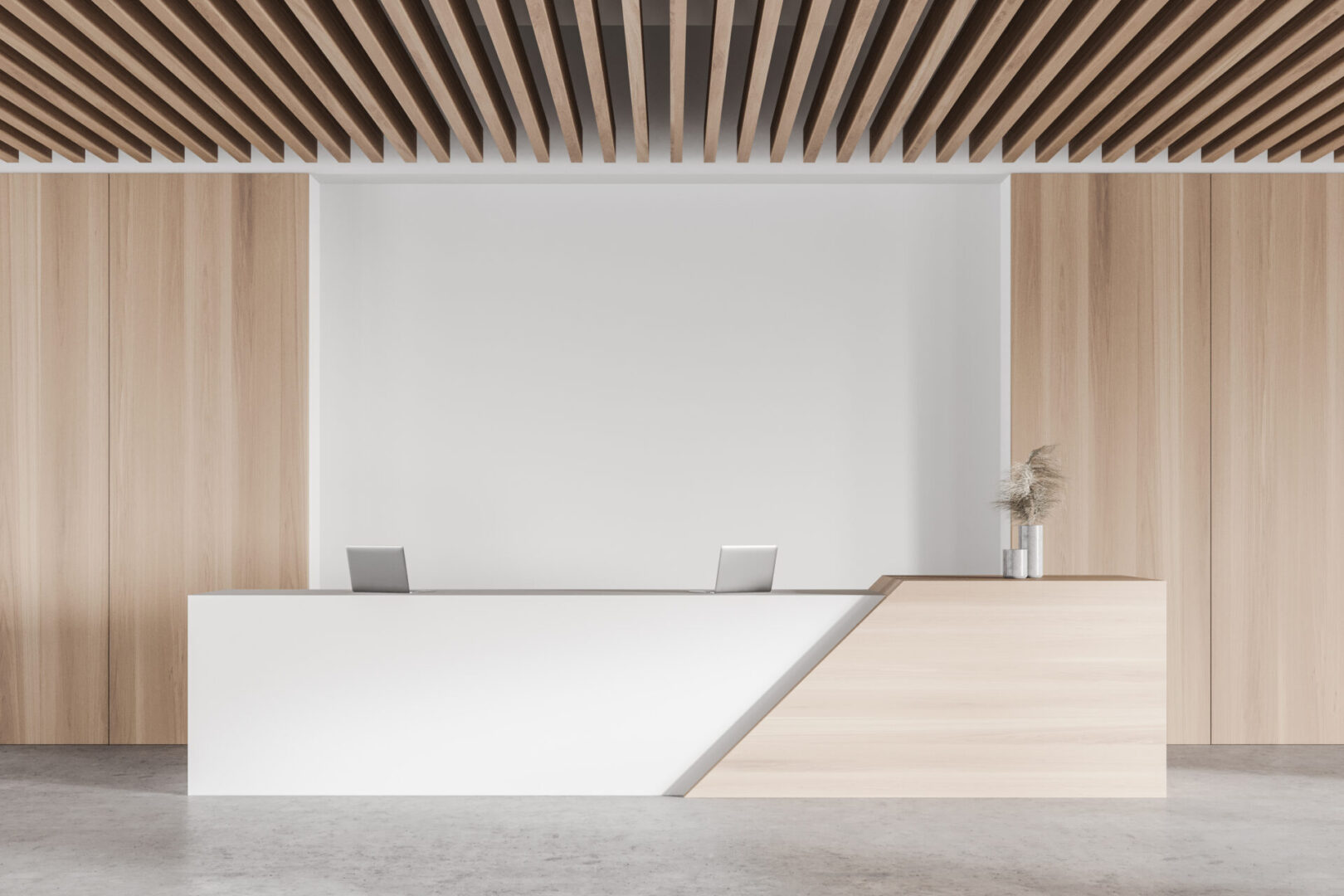 A white room with wooden ceiling and floor.
