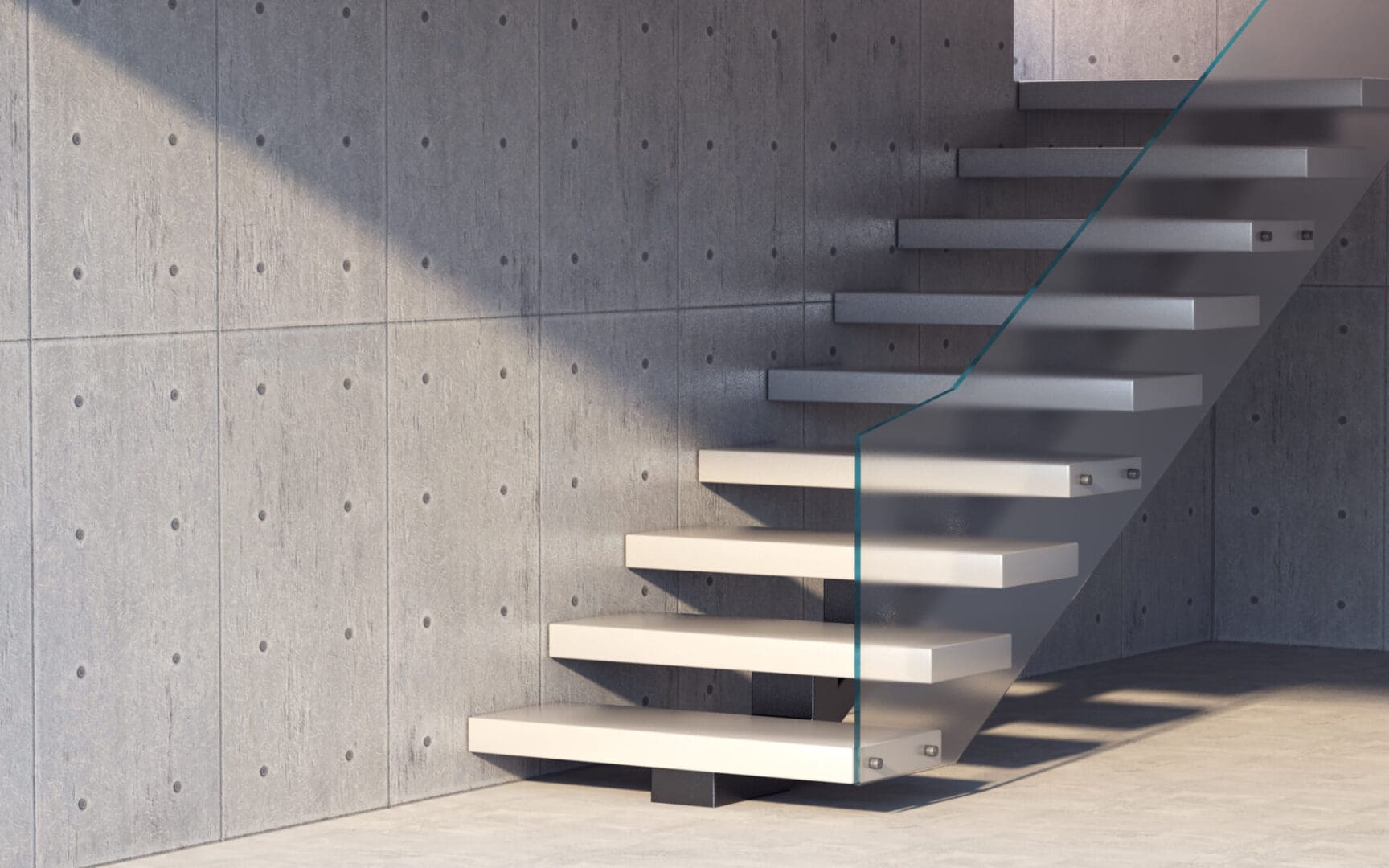 A staircase with glass steps and concrete walls.