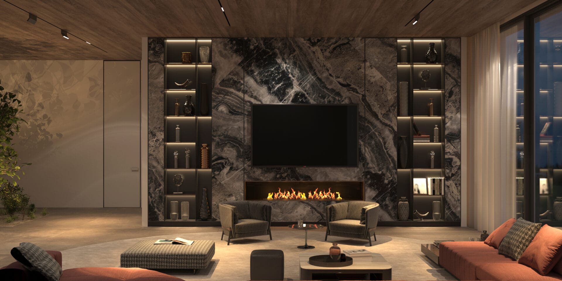 A living room with a fireplace and a large tv