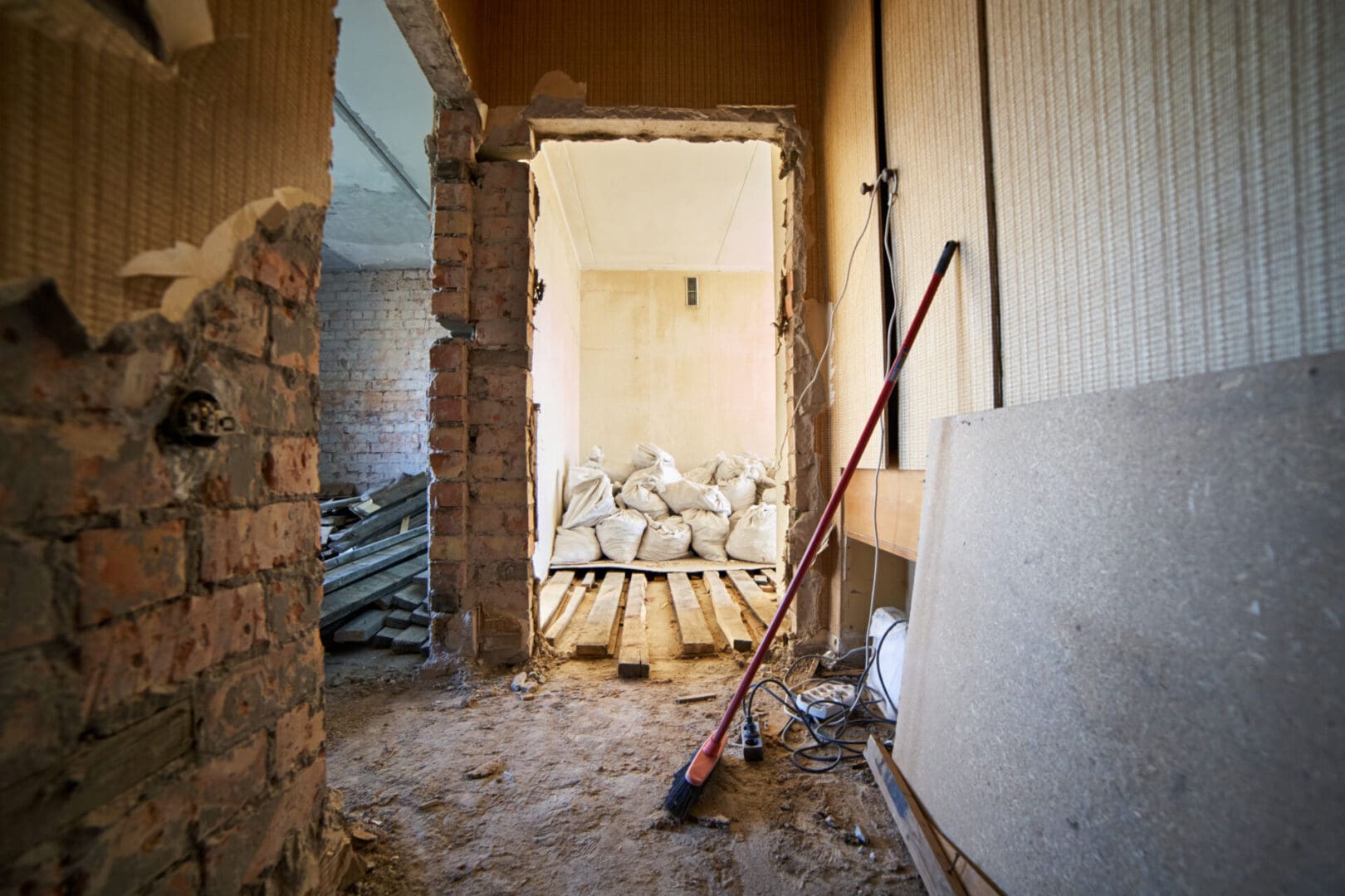 A room with rubble and a broom in it