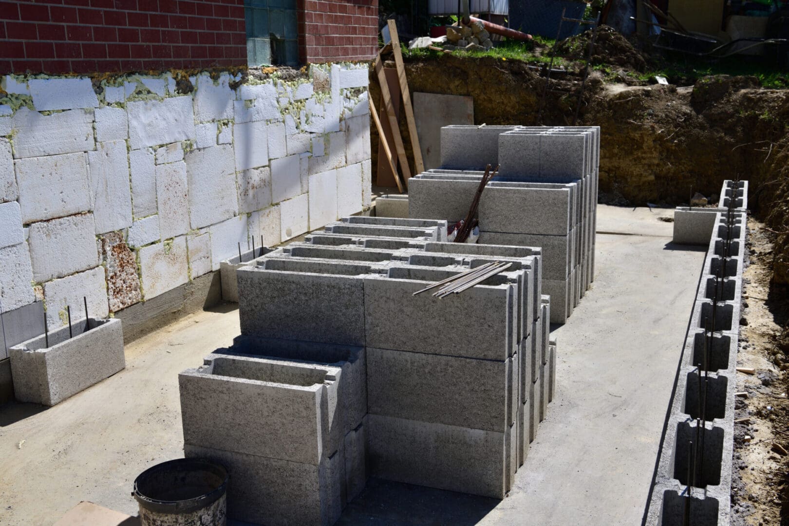 A pile of concrete blocks sitting on top of cement.