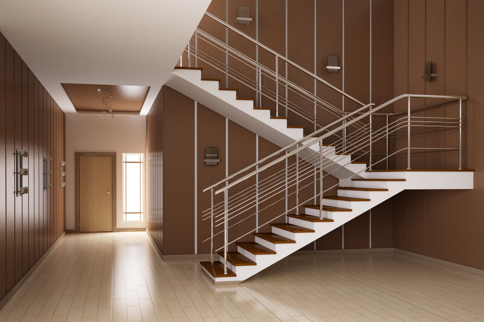 A large room with stairs and wooden walls.