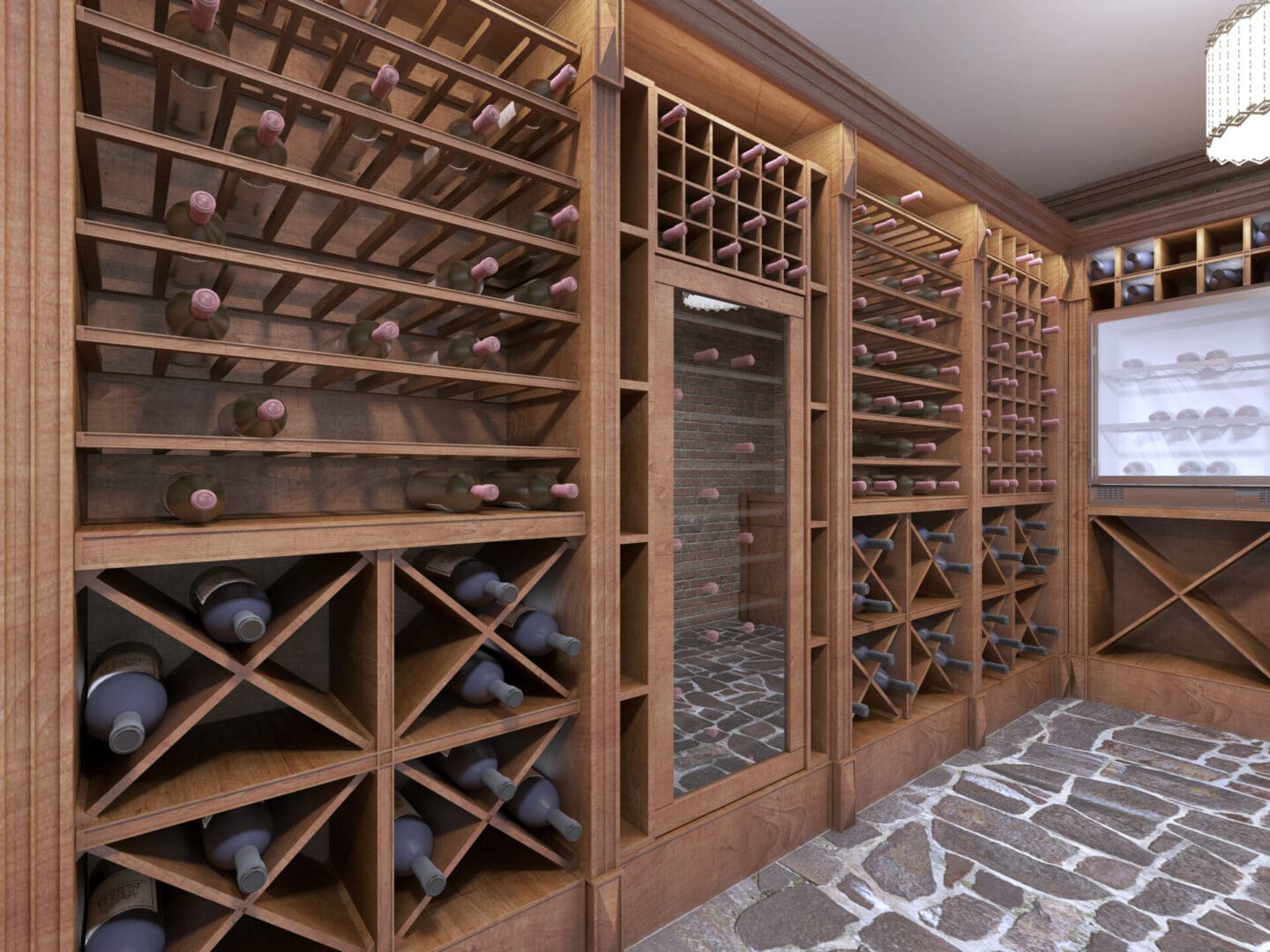 A wine cellar with many racks and bottles of wine.