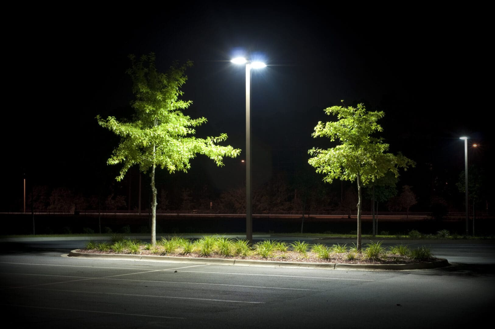 A street light lit up at night next to trees.