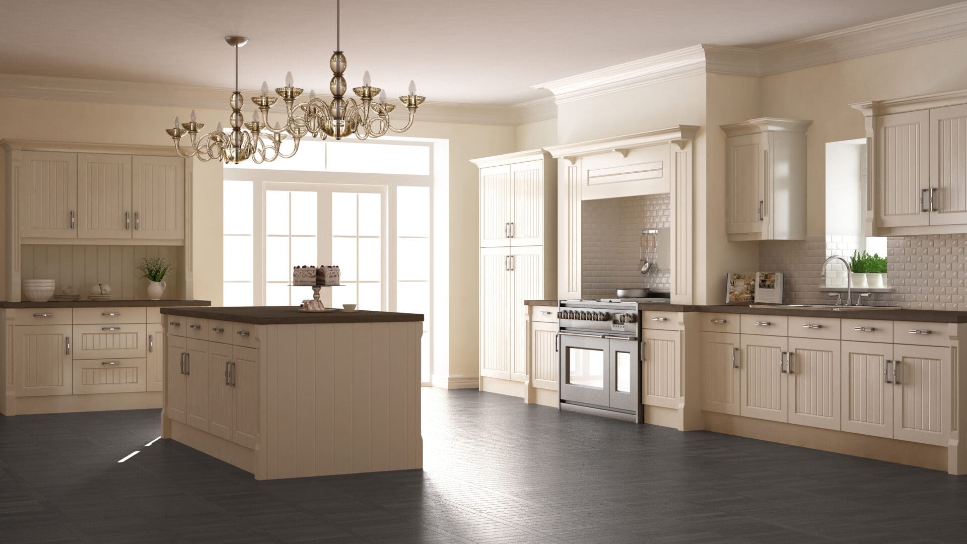 A kitchen with white cabinets and black floor