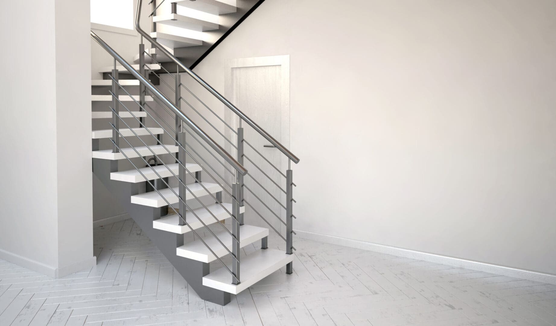A white staircase with metal railing and handrails.