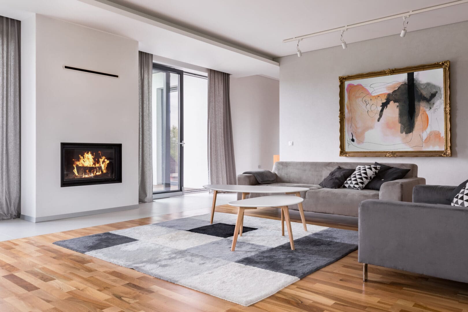 A living room with a fireplace and a couch