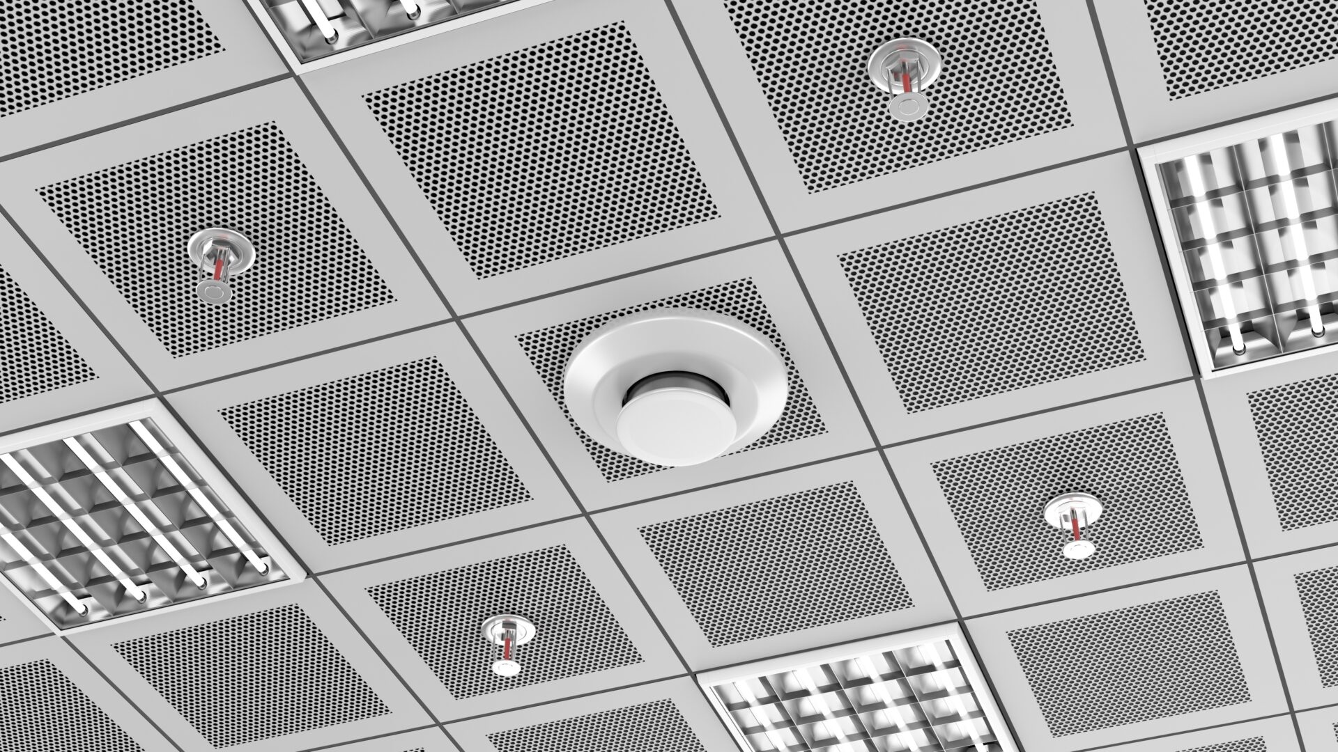 A ceiling with many speakers and lights on it