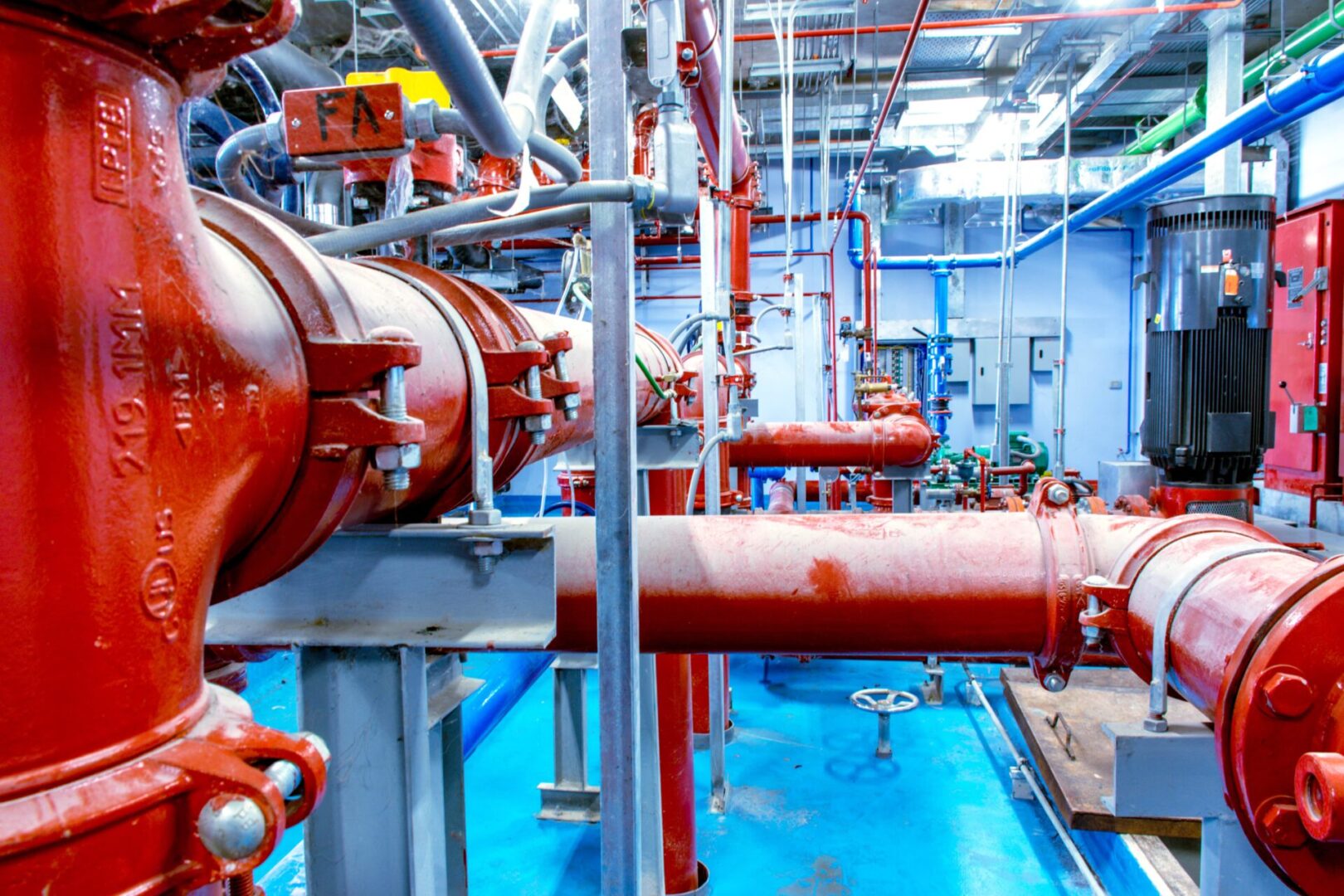A large red pipe system in a blue room.