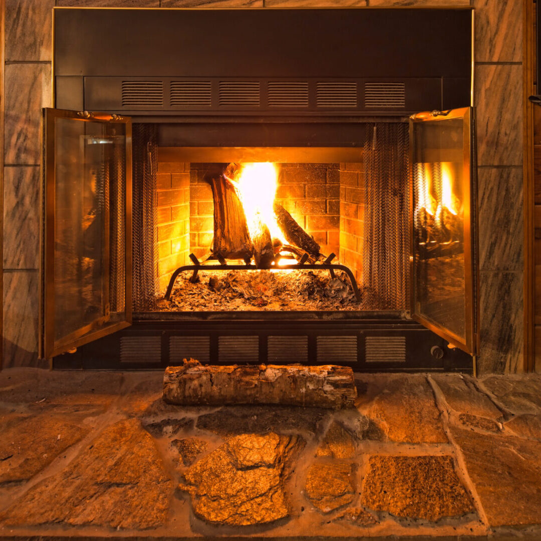 A fireplace with wood burning in it