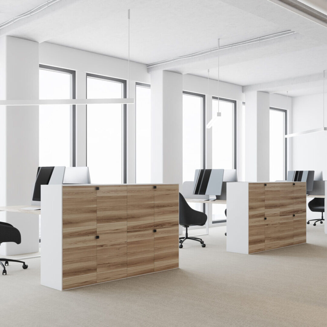 White,Open,Space,Office,Environment,With,A,Concrete,Floor,,Large